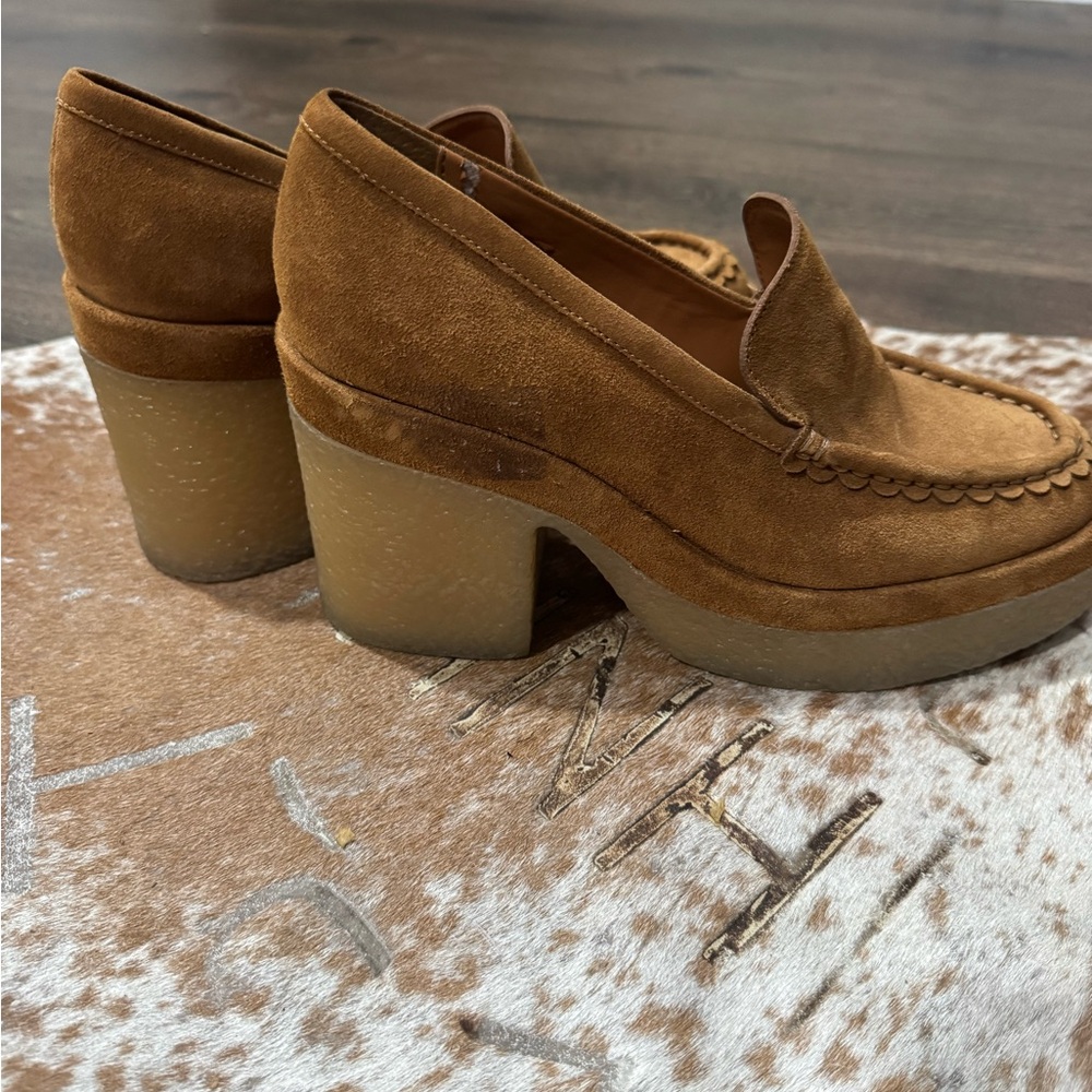 Marc Fisher Suede Platform Loafers in Cognac Brown
